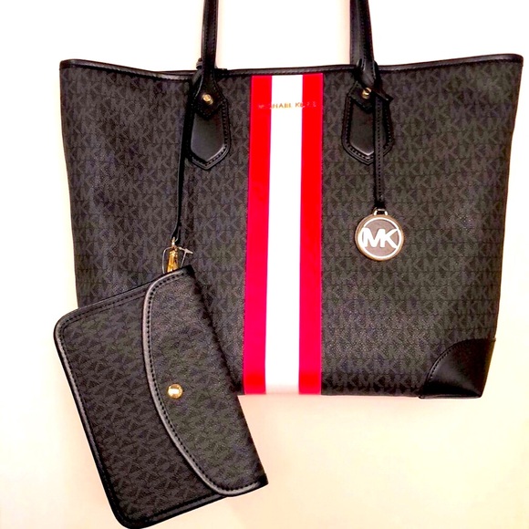 Michael Kors Handbags - NWT Michael Kors LG. Black Coated Canvas  Eva Tote Bag with Pink/White Stripes